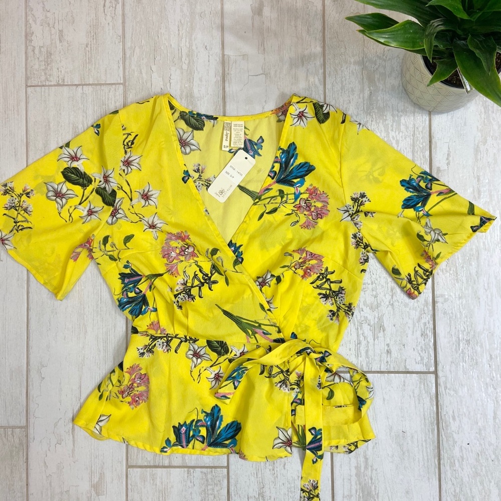 NWT Yellow Floral Wrap Blouse - Picture 1 of 5